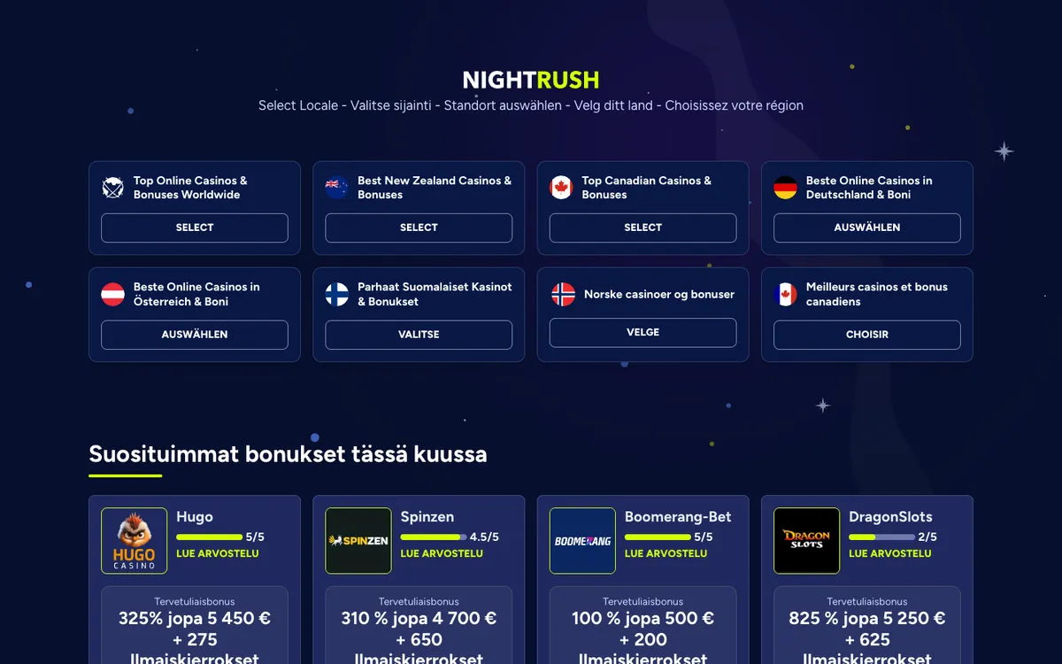 NightRush Casino — Home page, captured from Finland