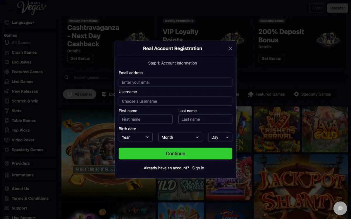Always Vegas Casino — Sign-up, captured from Australia