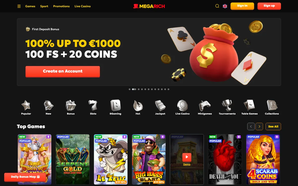 Megarich Casino — Home page, captured from Norway
