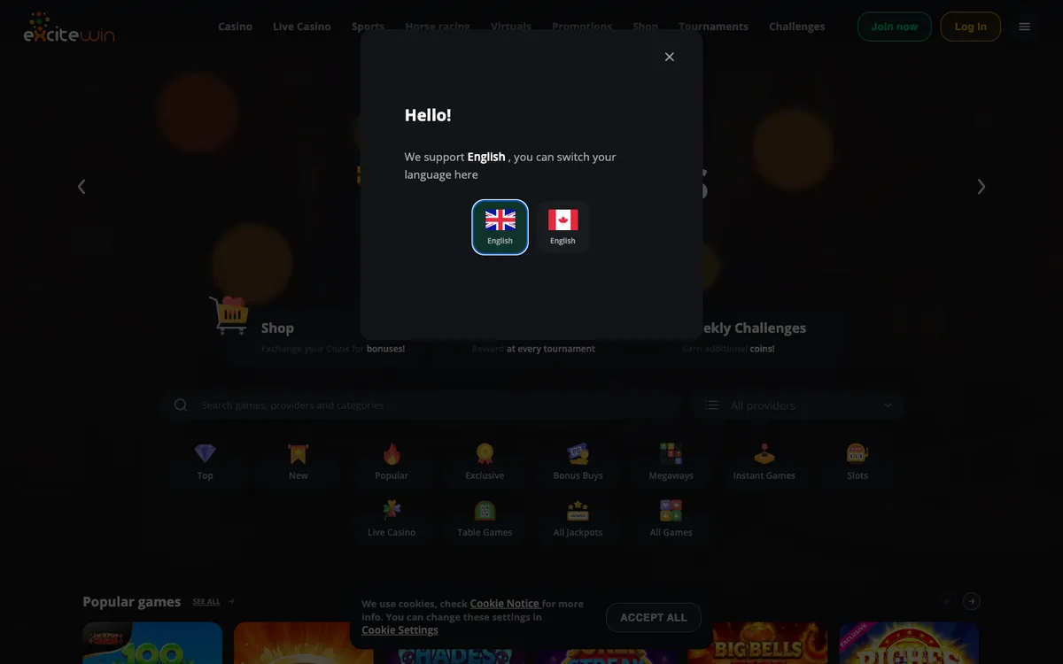 Excitewin Casino — Home page, captured from Canada