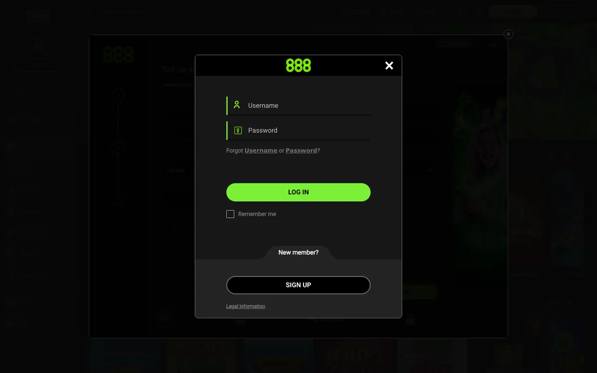 888 Casino — Sign-up, captured from Canada