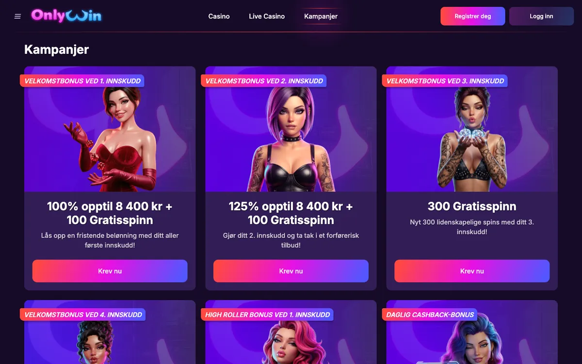 Only Win Casino — Promotions, captured from Norway