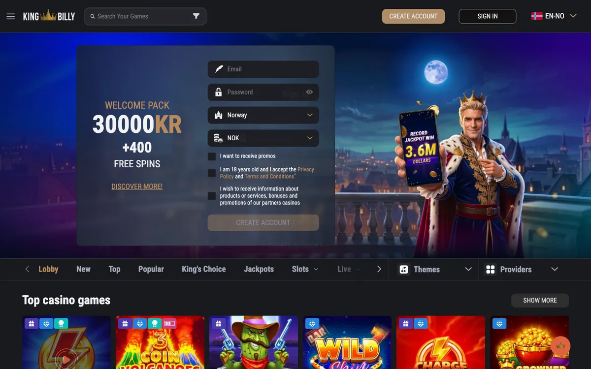 King Billy Casino — «Регистрация», снято из страны Норвегия