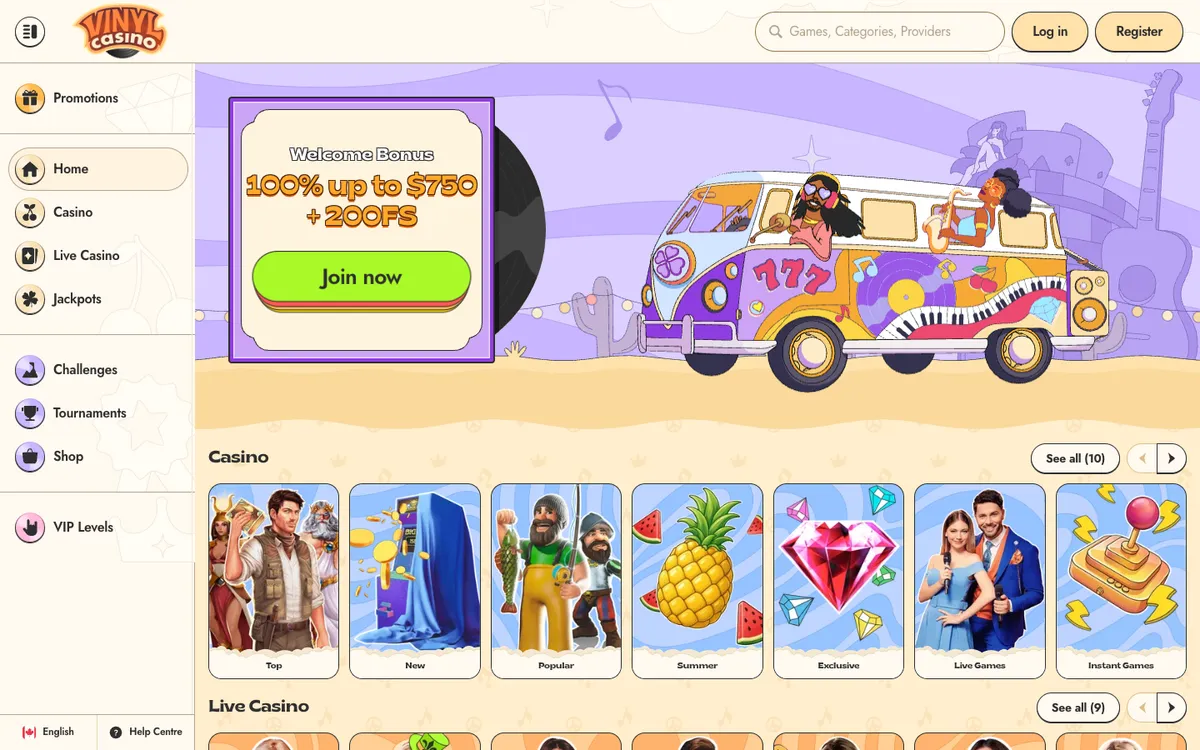 Vinyl Casino — Home page, captured from Canada