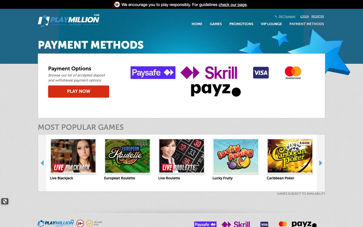 Play Million Casino — Payments, captured from Croatia