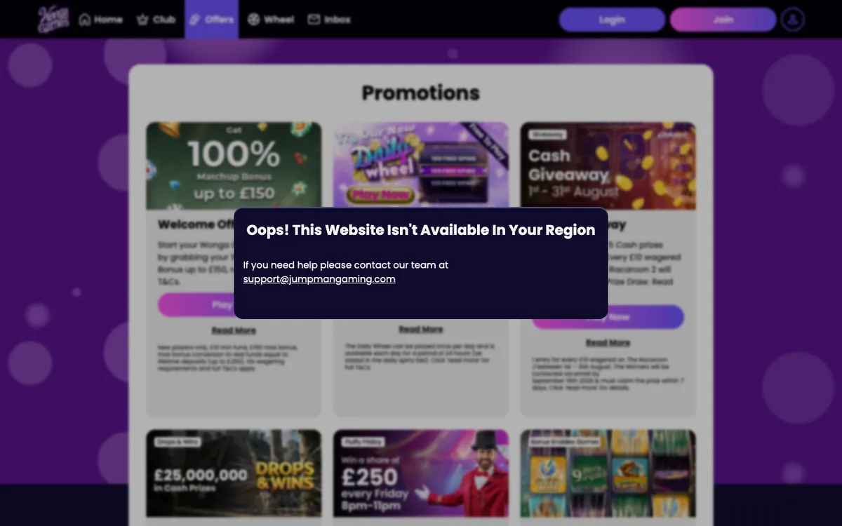 Wonga Games Casino — «Акции», снято из страны Австрия
