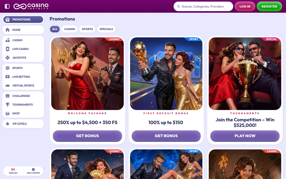 Casino Infinity — Promotions, captured from Canada