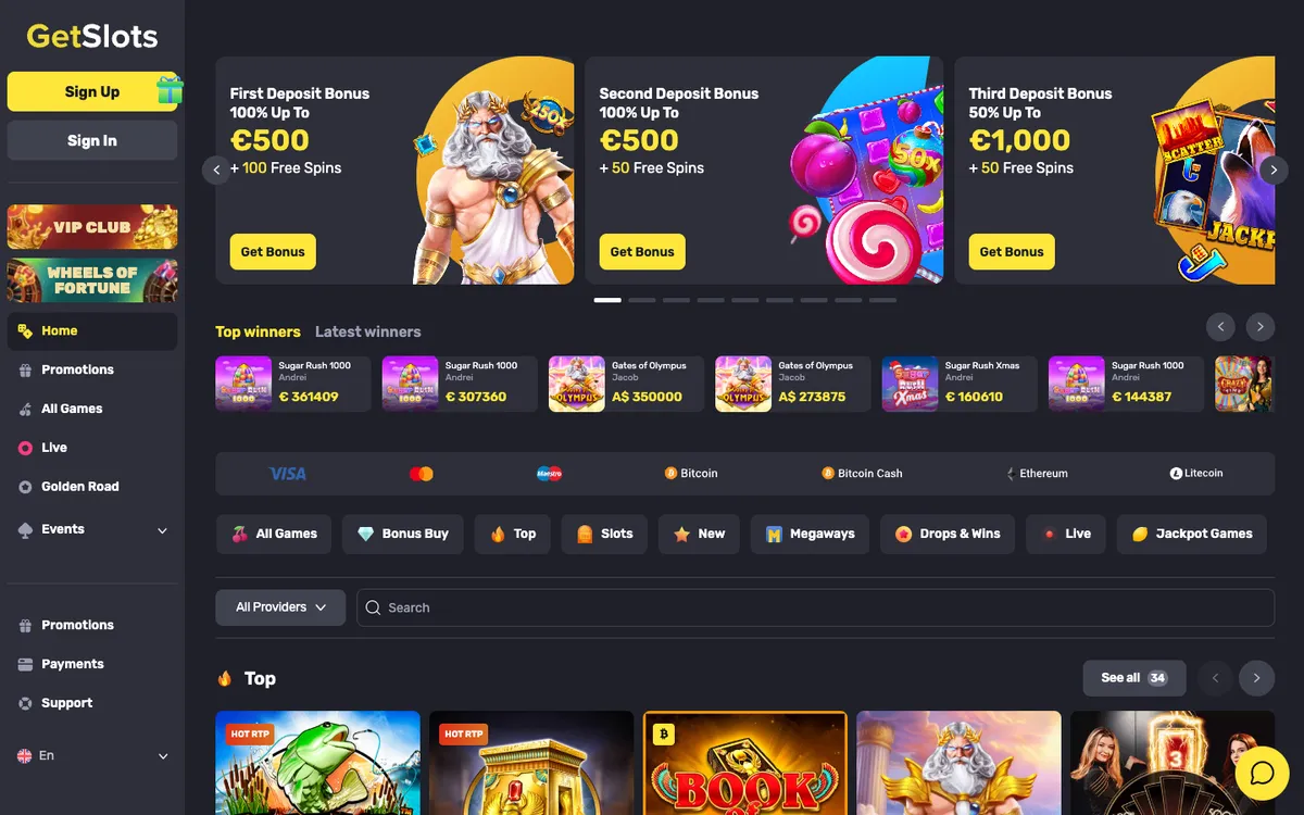 GetSlots Casino — «Главная», снято из страны Новая Зеландия