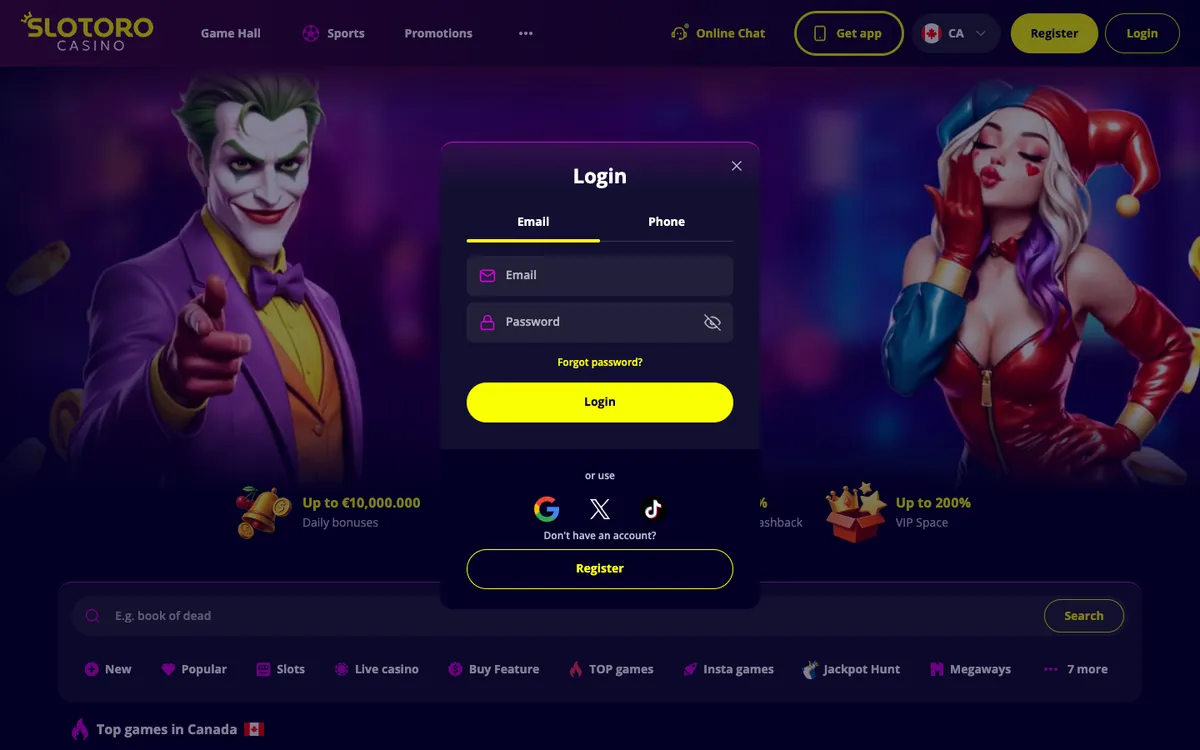 Slotoro Casino — Sign-up, captured from Canada