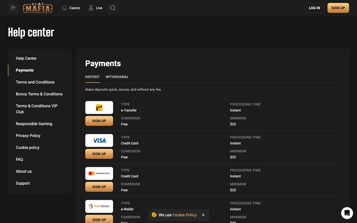 Slot Mafia Casino — Payments, captured from Canada