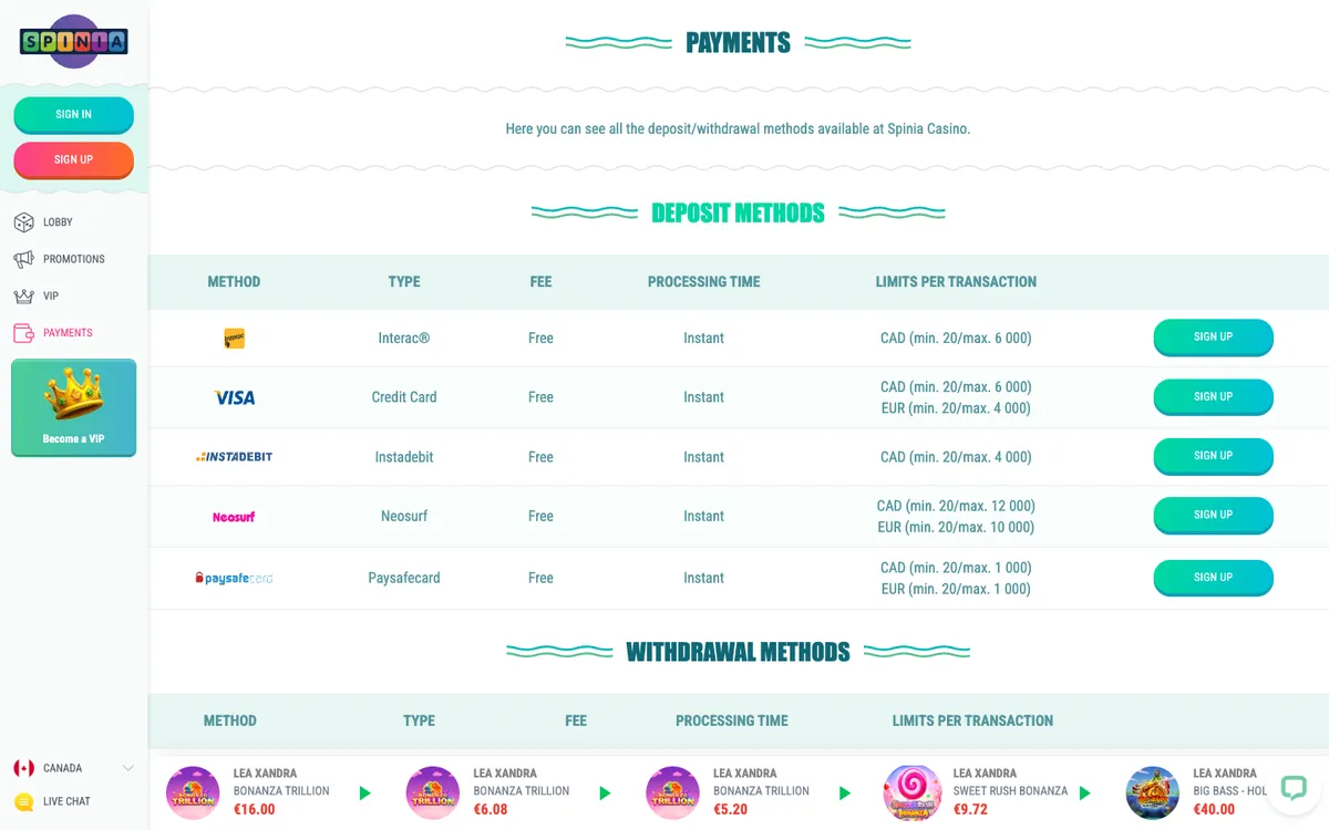 Spinia Casino — «Платежи», снято из страны Канада