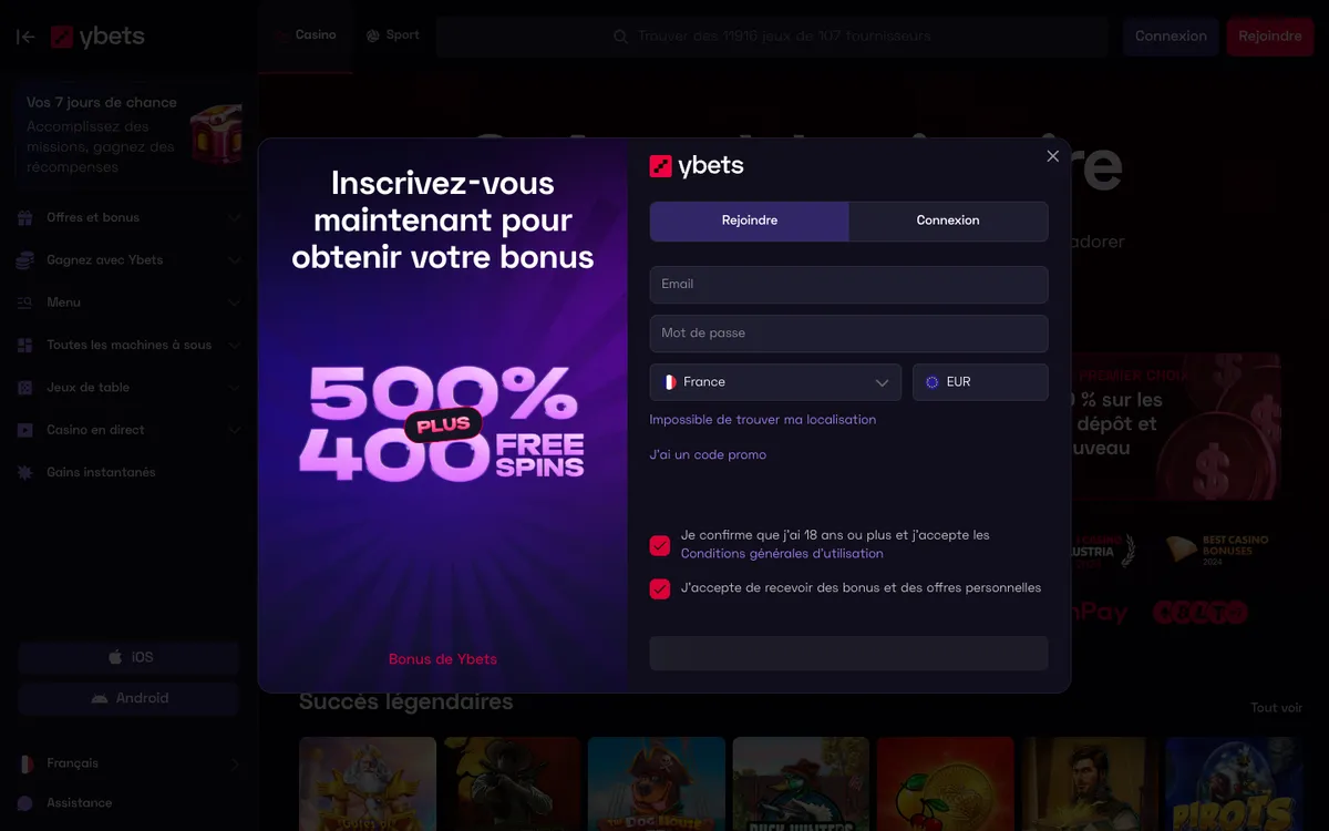 Ybets Casino — Sign-up, captured from France