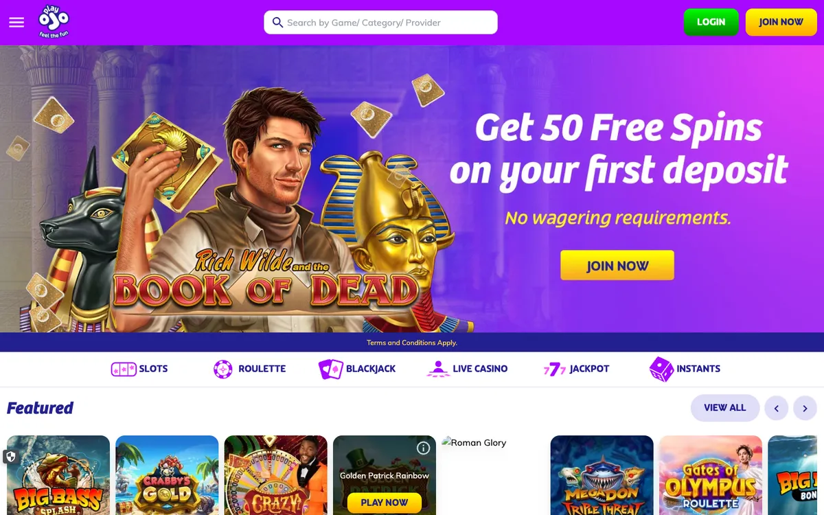 PlayOJO Casino — Home page, captured from France