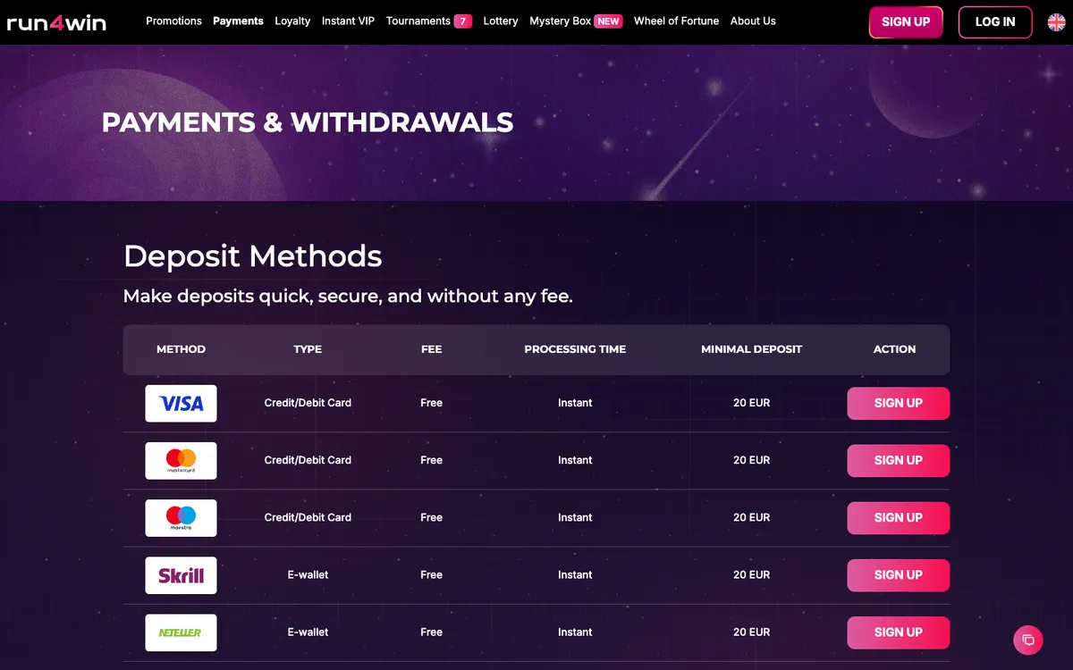 Run4Win Casino — «Платежи», снято из страны Испания