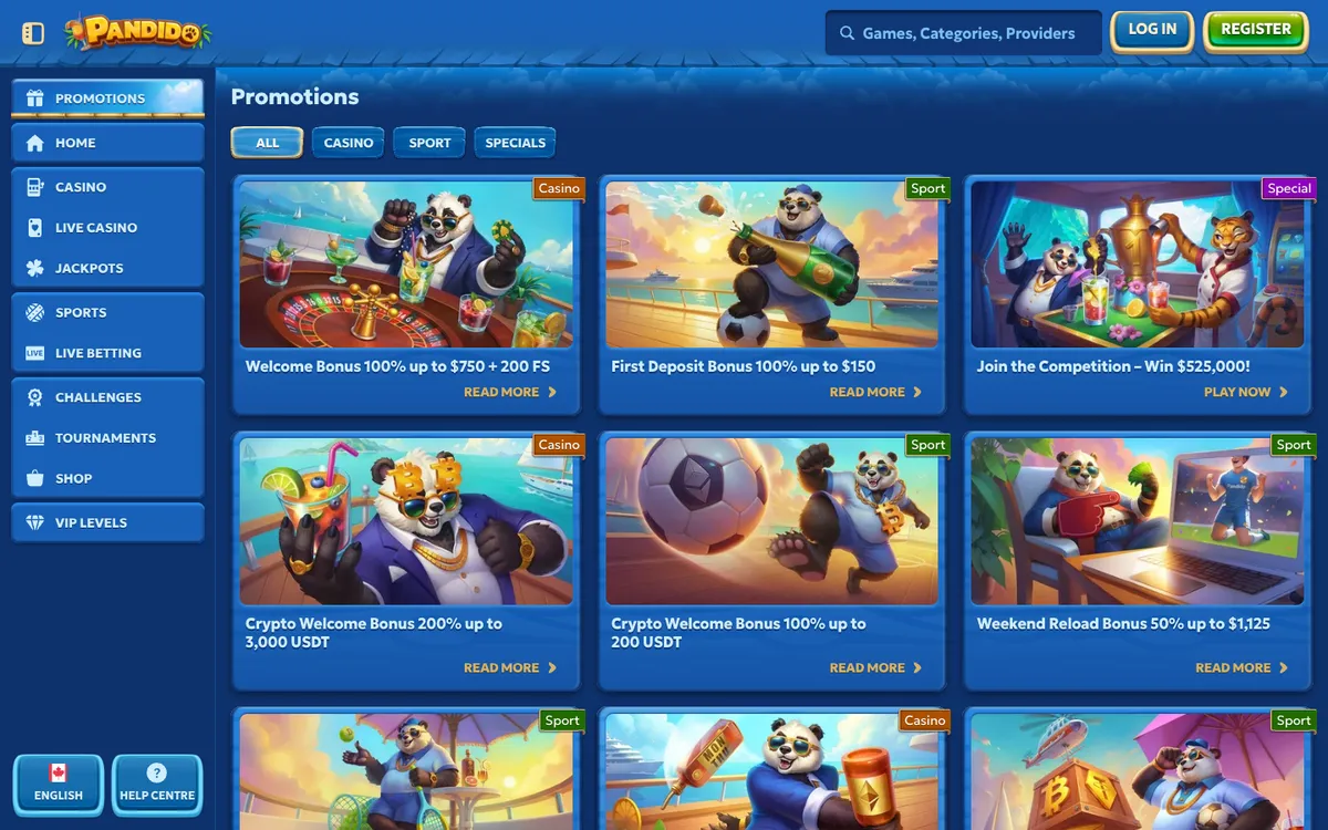 Pandido Casino — Promotions, captured from Canada