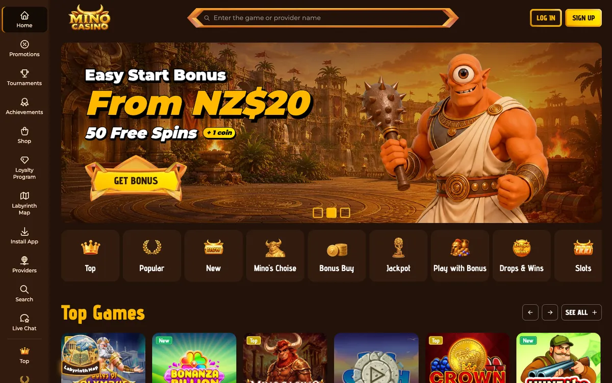 Mino Casino — Home page, captured from New Zealand