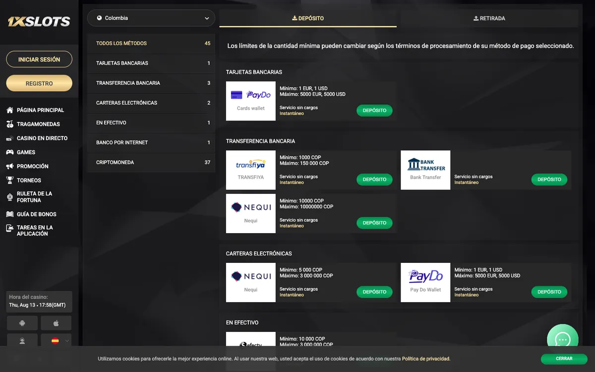 1xSlots Casino — Payments, captured from Colombia