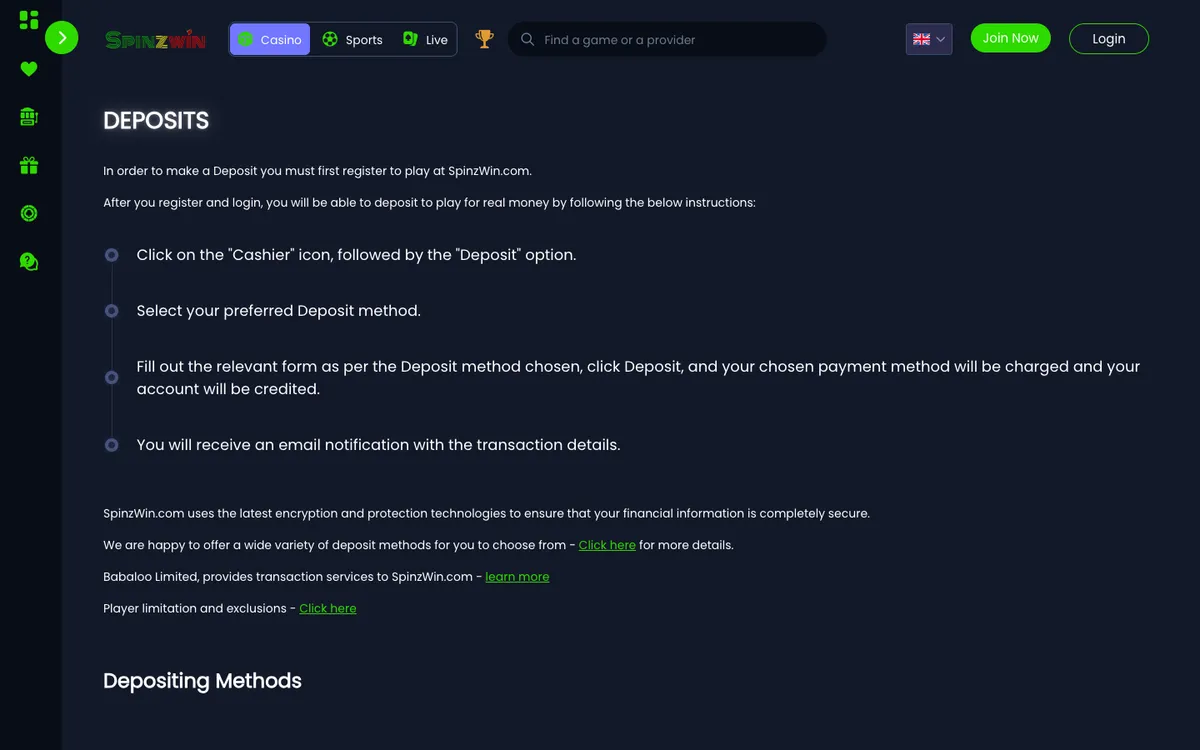 Spinzwin Casino — Payments, captured from New Zealand