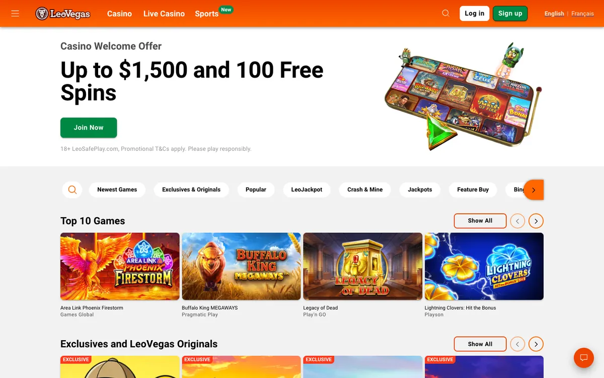 LeoVegas Casino — Home page, captured from Canada