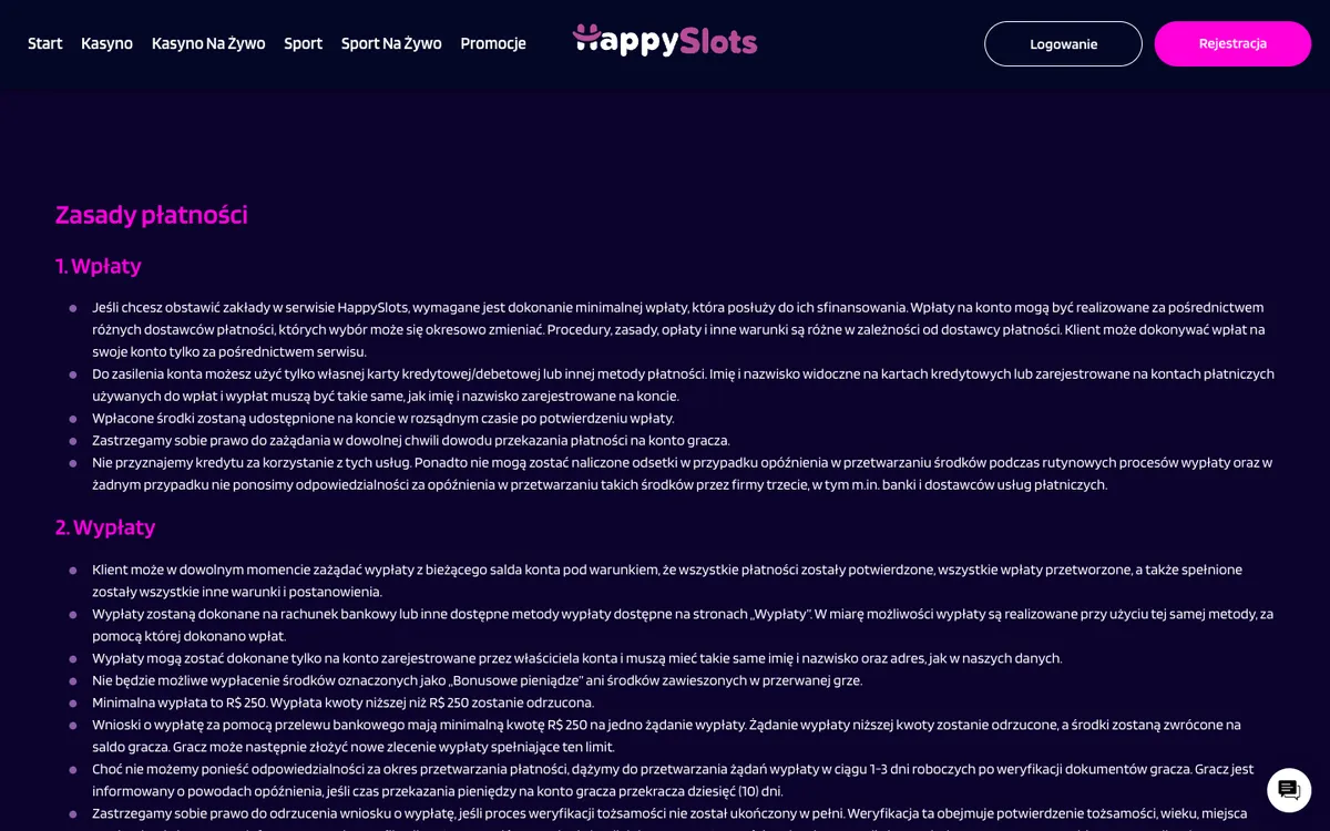 HappySlots Casino — «Платежи», снято из страны Польша