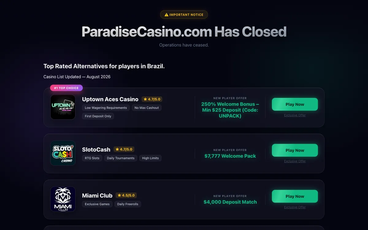 Paradise Casino — Home page, captured from Belgium