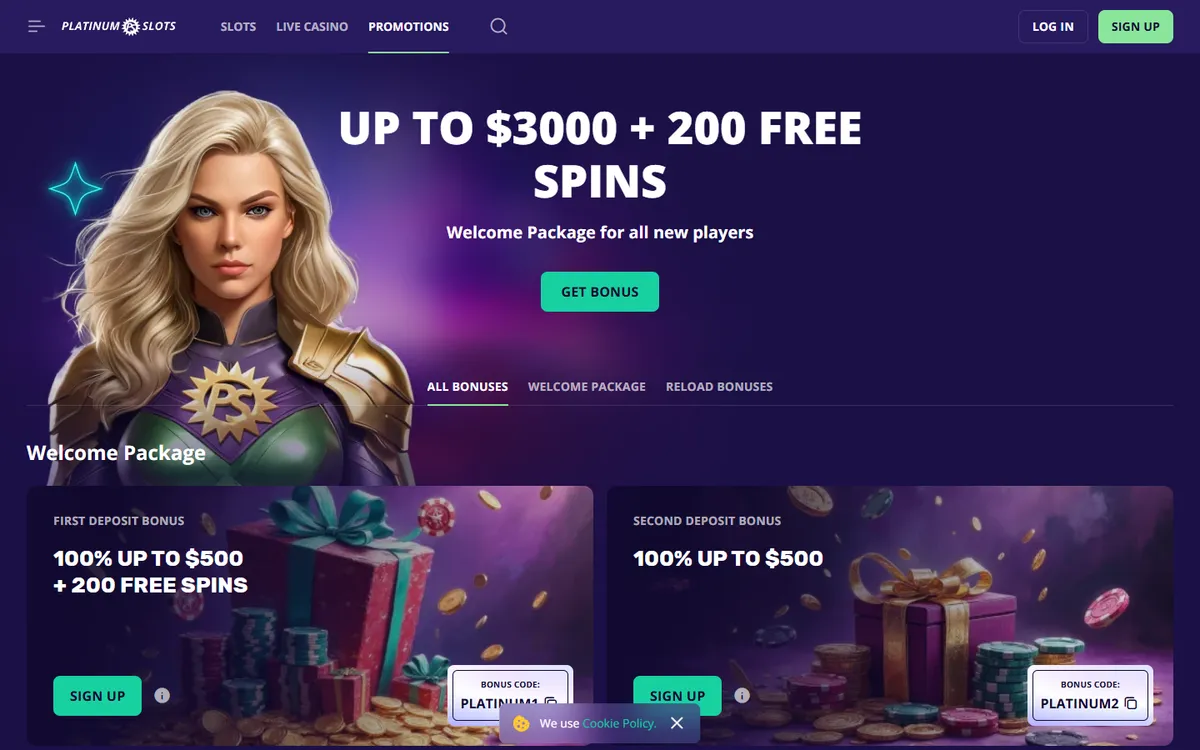 Platinumslots Casino — Promotions, captured from Canada