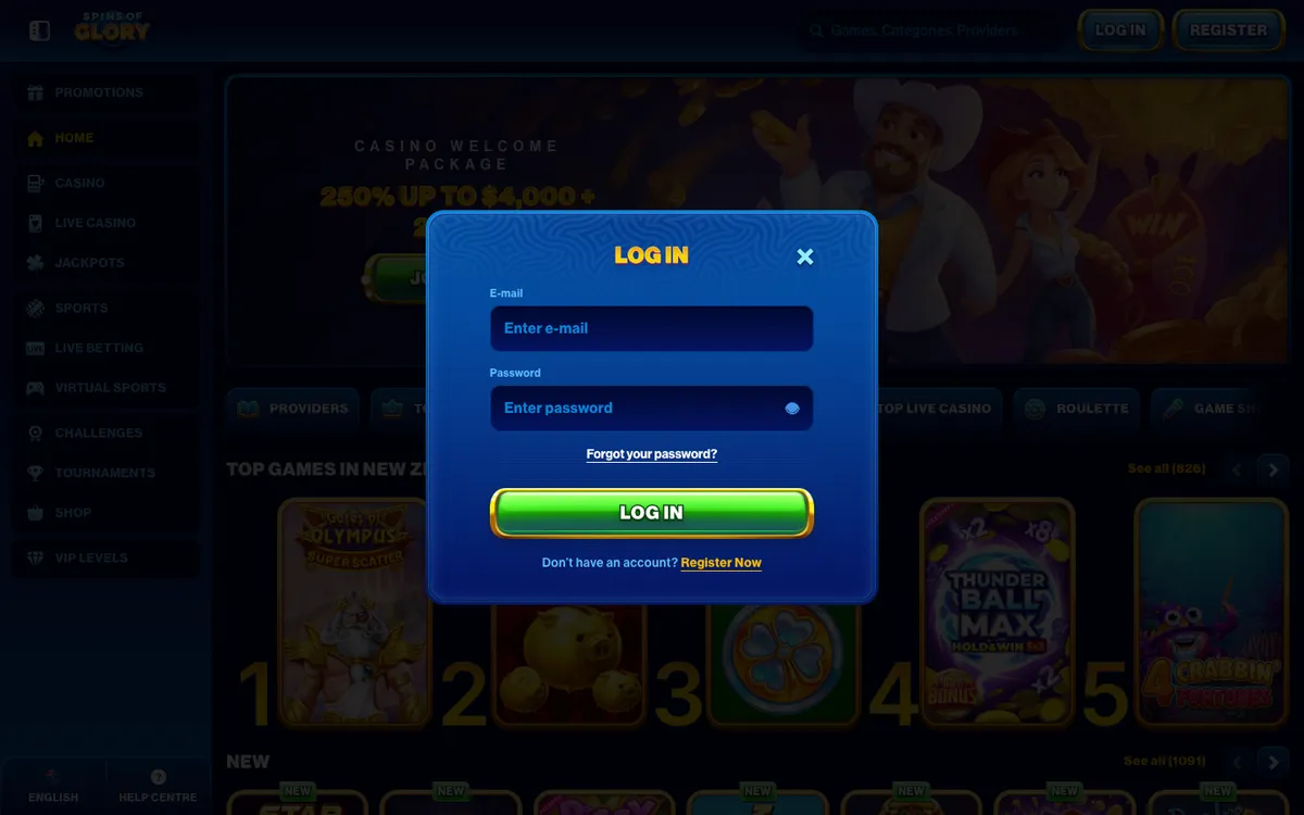Spins of Glory Casino — Sign-up, captured from New Zealand