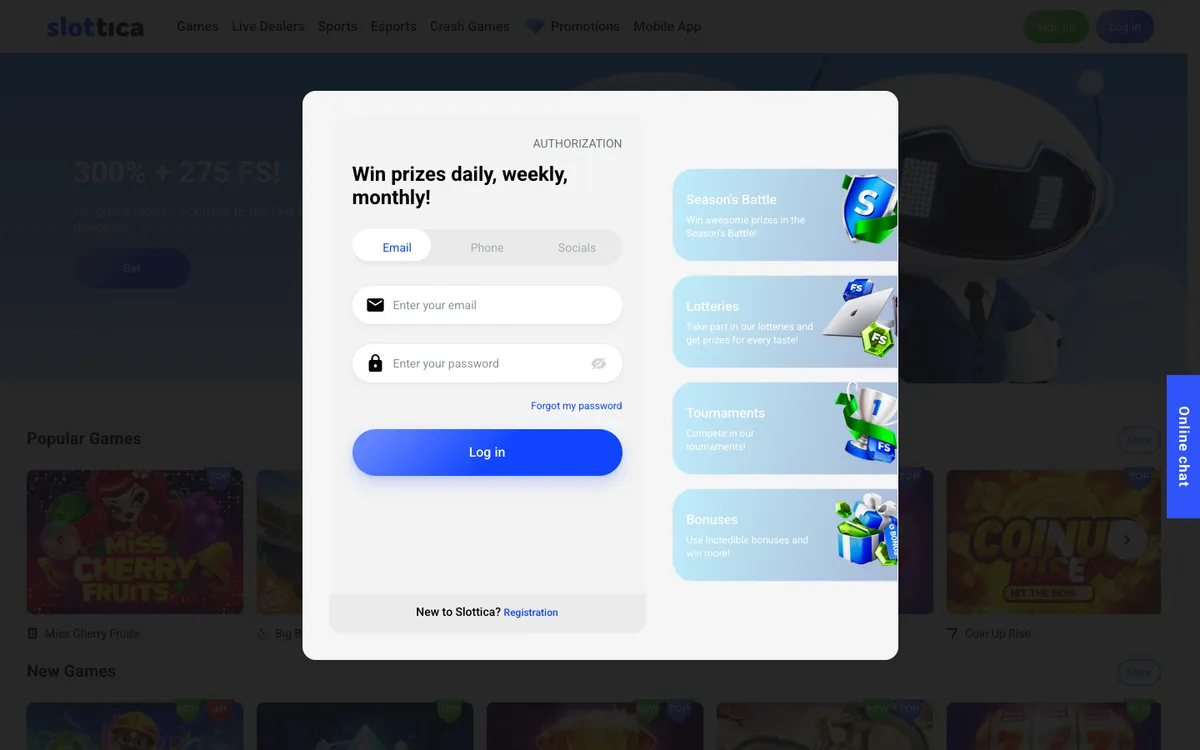 Slottica Casino — Sign-up, captured from Brazil