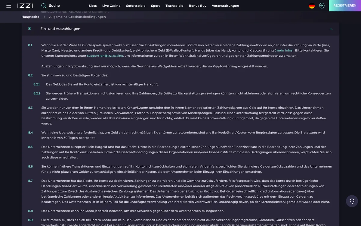 Izzi Casino — Payments, captured from Austria