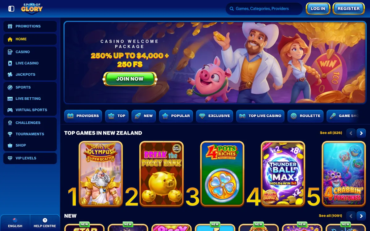 Spins of Glory Casino — Home page, captured from New Zealand