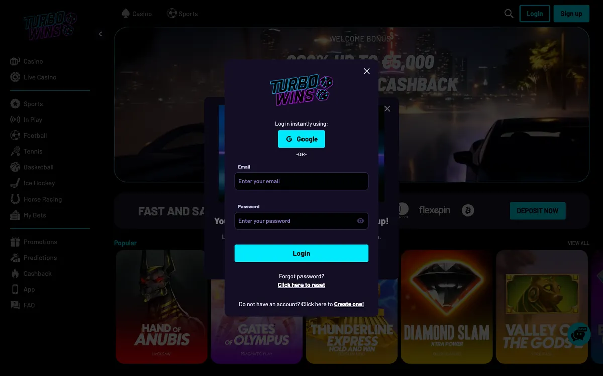 Turbo Wins Casino — «Регистрация», снято из страны Германия