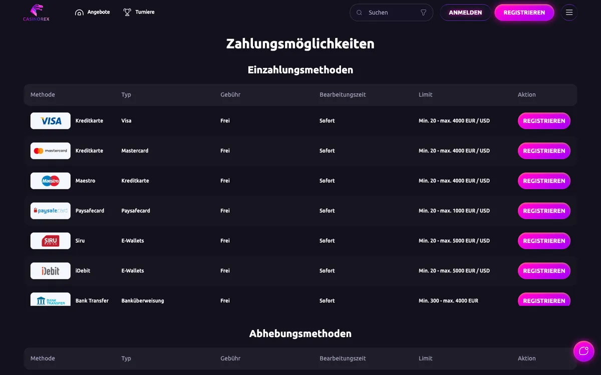 CasinoRex — Payments, captured from Germany