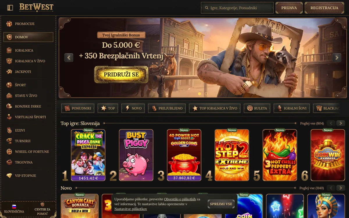 BetWest Casino — «Главная», снято из страны Словения