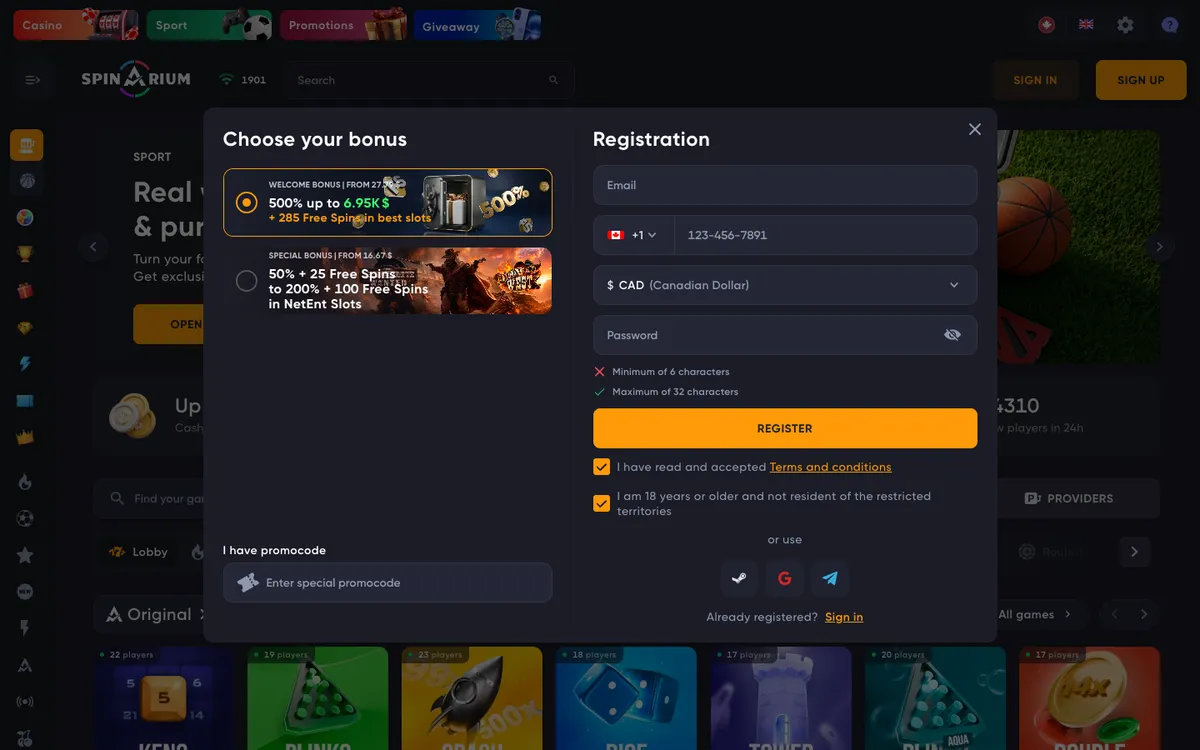 Spinarium Casino — Sign-up, captured from Canada