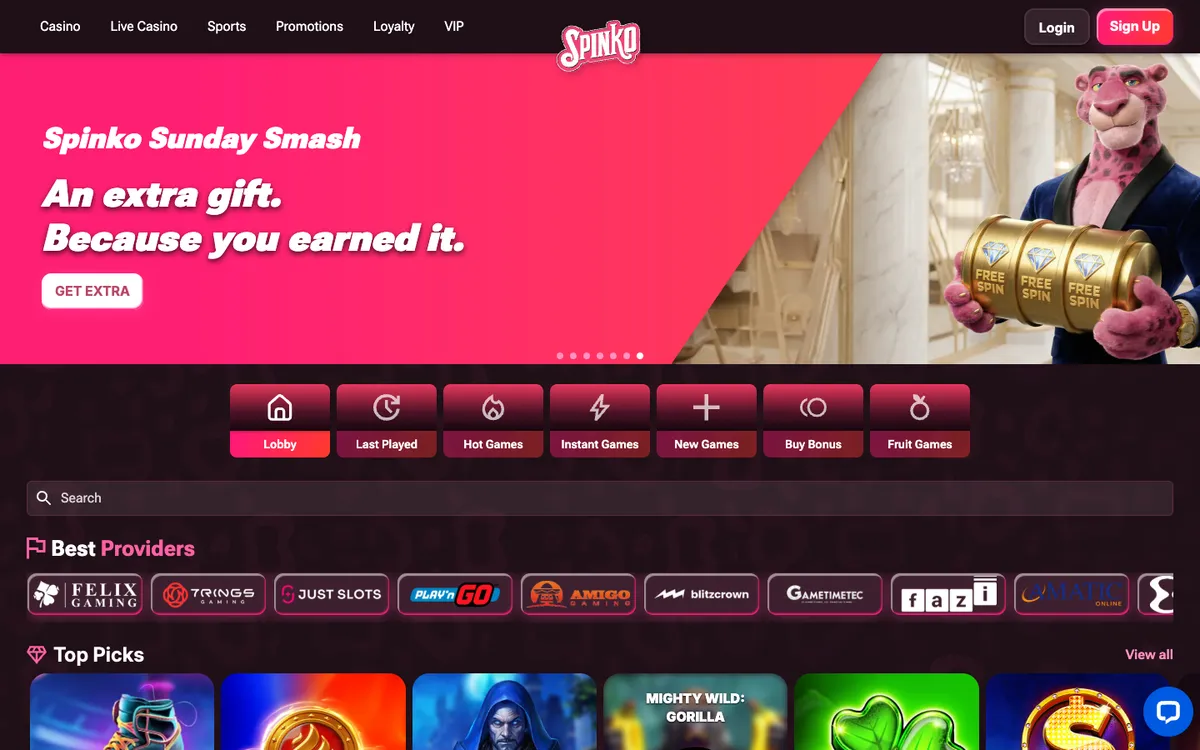 SpinkoCasino — Home page, captured from Canada