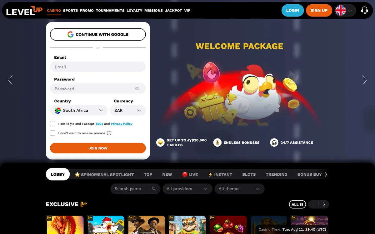 LevelUp Casino — «Главная», снято из страны Южно-Африканская Республика