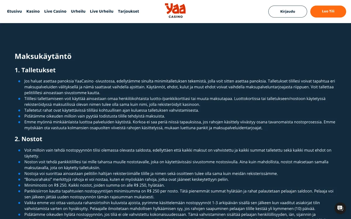 YaaCasino — Payments, captured from Finland