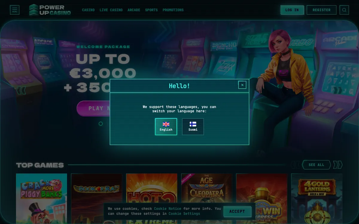 PowerUp Casino — «Главная», снято из страны Финляндия
