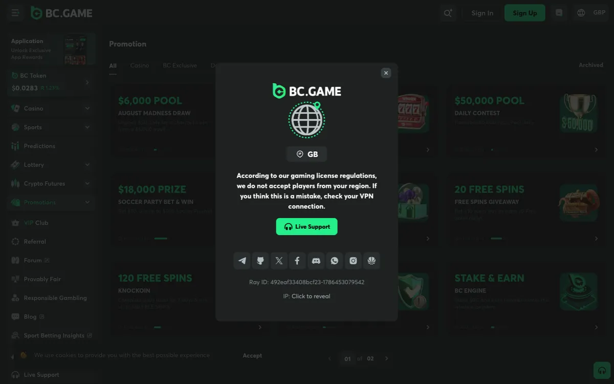 BC.Game Casino — «Акции», снято из страны Великобритания