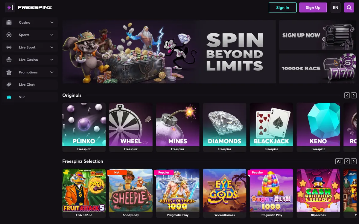 Freespinz Casino — «Главная», снято из страны Новая Зеландия