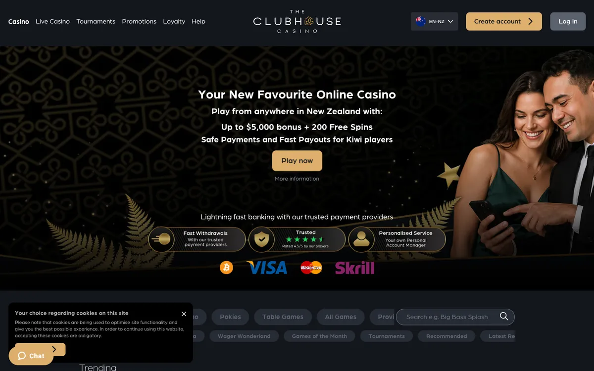 The ClubHouse Casino — Home page, captured from New Zealand