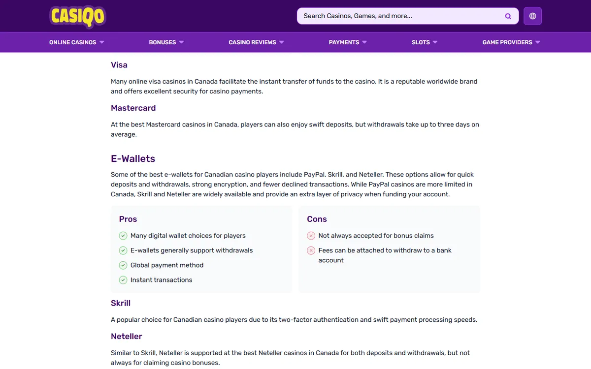 Casiqo Casino — Payments, captured from Canada