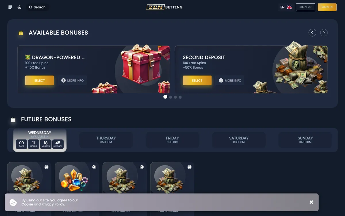 ZenBetting Casino — Promotions, captured from New Zealand