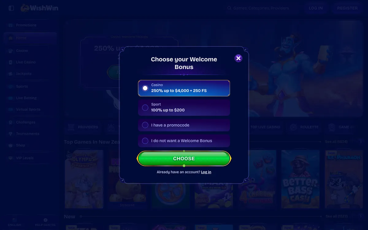 WishWin Casino — «Регистрация», снято из страны Новая Зеландия