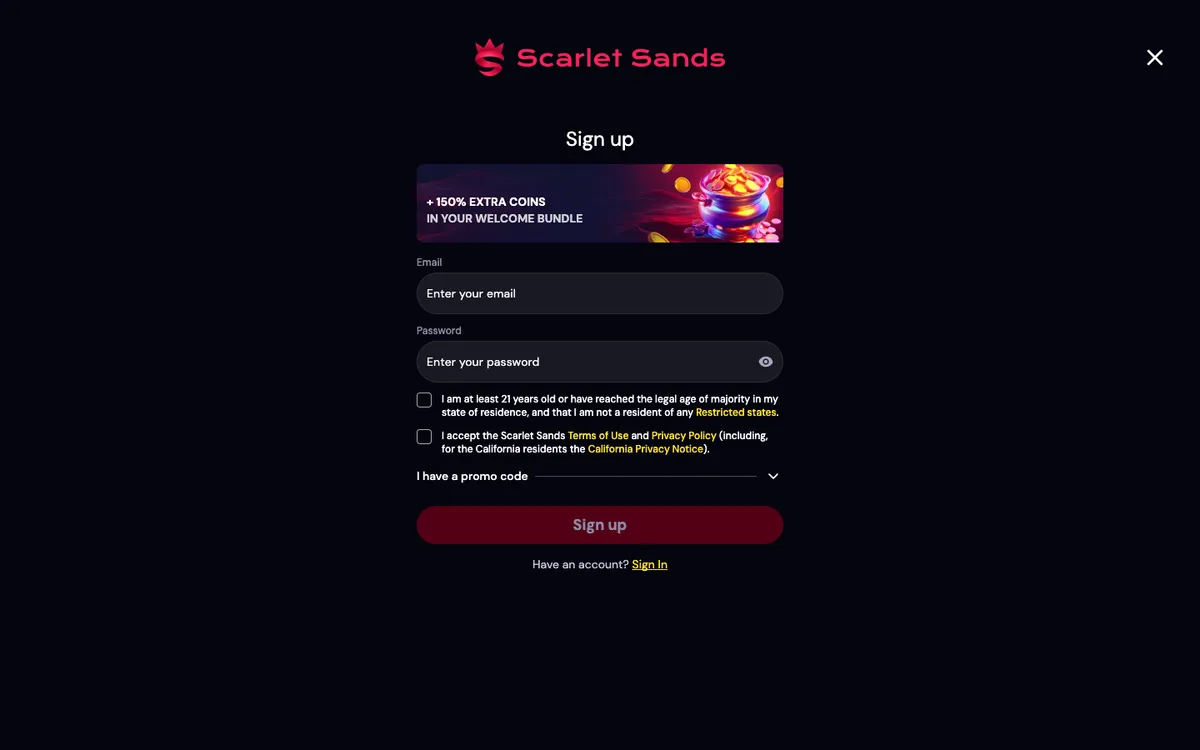 Scarlet Sands Casino — Sign-up, captured from United States