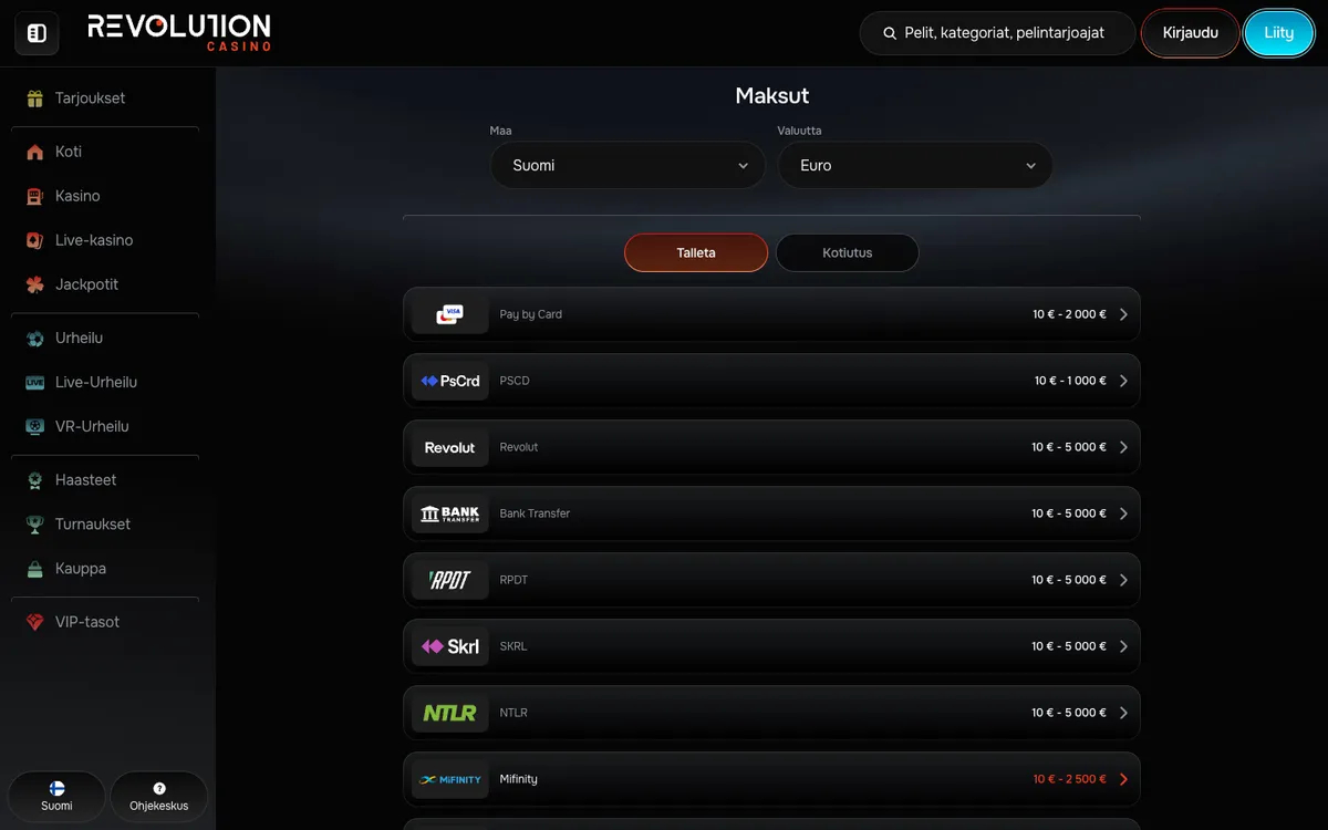 Revolution Casino — Payments, captured from Finland