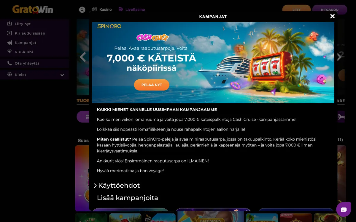 GratoWin Casino — Promotions, captured from Finland
