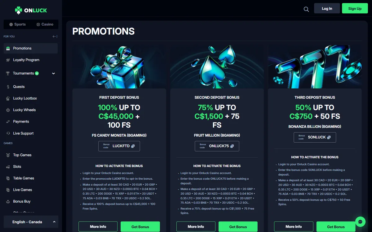 OnLuck Casino — Promotions, captured from Canada