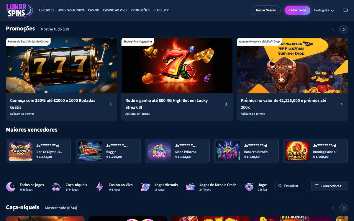 Lunarspins Casino — Home page, captured from Portugal