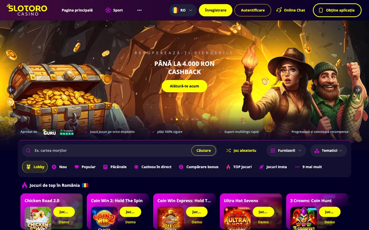 Slotoro Casino — Home page, captured from Romania